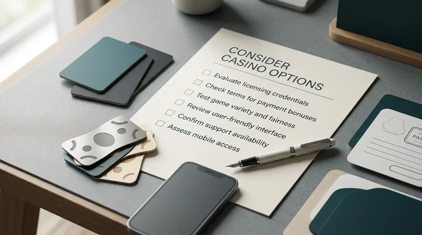 Editorial illustration of a casino decision checklist covering games, bonus terms, payments and verification