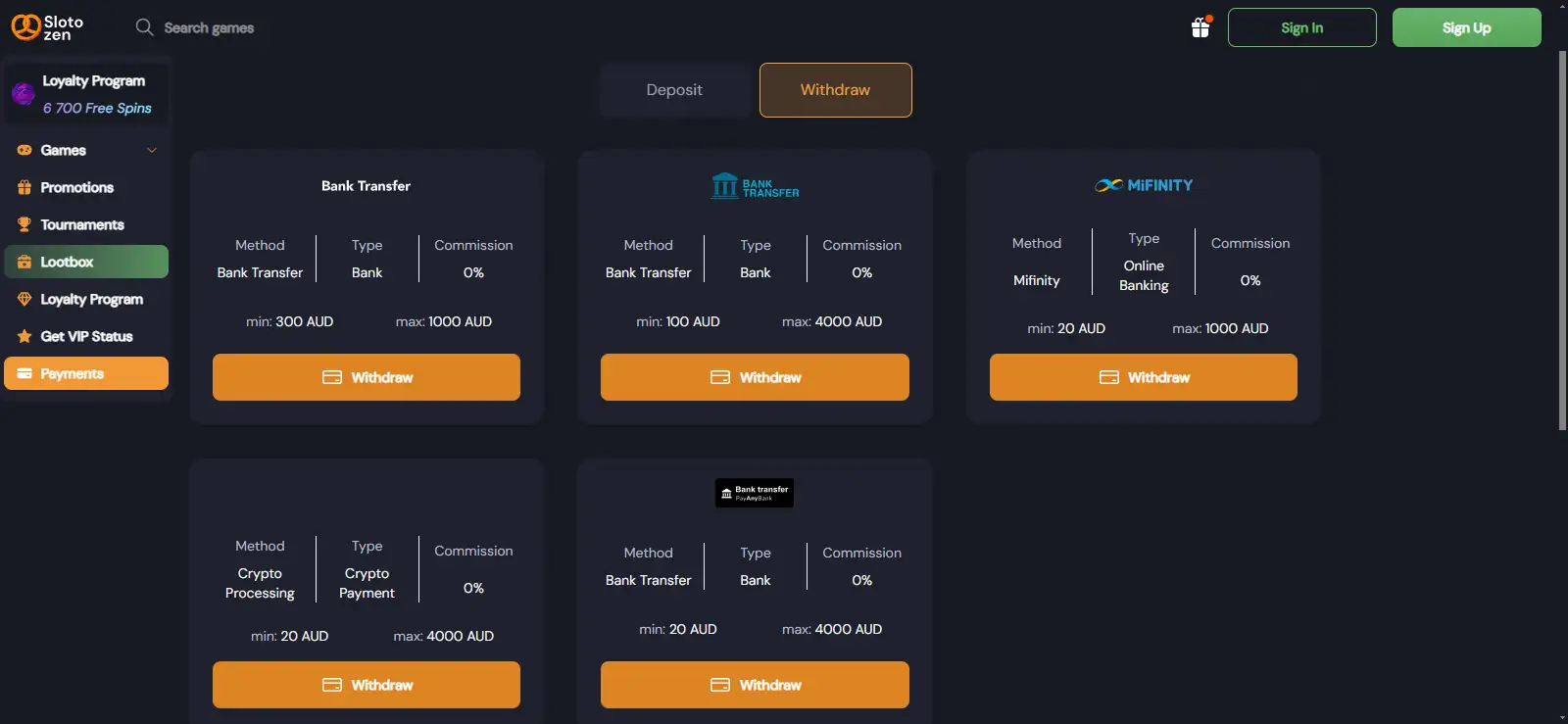 Current Slotozen withdrawal page showing available payout method information